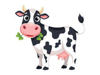 Cow with Shamrock: A cheerful cow is munching on shamrock with black and white spots, is an illustration that symbolizes joy and good fortune.