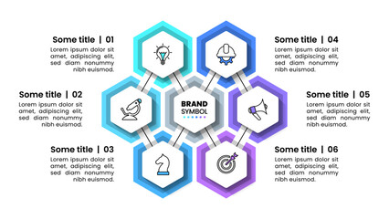 Infographic template. 6 hexagons connected by a line