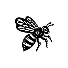 Black and white illustration of a bee isolated on white background