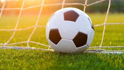 Fototapeta premium Close up of Soccer Ball in Net on Green Grass Field Illuminated by Sunlight Ideal for Sports and Game Concepts