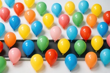 Colorful balloons arranged in a playful pattern across a table surface