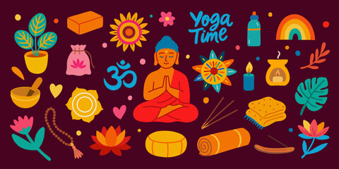 Set of yoga and meditation flat vector illustration with Buddha in lotus pose, Om symbol, yoga mat, singing bowl, incense, candles, flowers, plants and spiritual objects in colorful boho style.