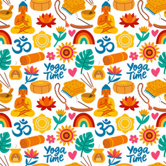 Seamless yoga and meditation pattern illustration. Buddha, Om symbol, lotus, yoga mat, mandala, singing bowl, aroma lamp. 