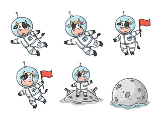 Cosmic Cow's Adventures: A delightful cartoon illustration showcases a charming cow astronaut, playfully exploring the vastness of space © Abdul
