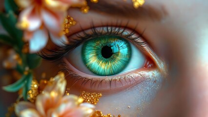 Hyperrealistic macro shot of a green human eye with vivid emerald iris, adorned with intricate gold and pink floral details. Elegant fantasy-themed concept with fine textures