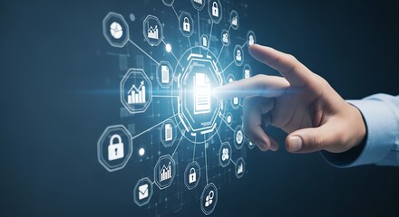 Digital Data Security Interface with Hand Interaction  Cybersecurity Technology  Cloud Storage Solutions for Business Protection