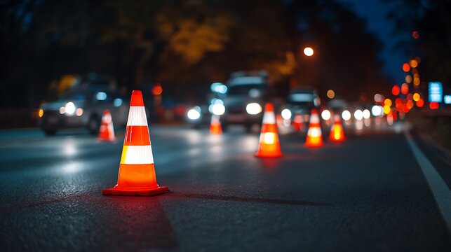 Roadside traffic cones signal DUI checkpoint. Law enforcement control traffic flow on roadway. Cautionary markers direct drivers. Evening light illuminates scene. Road safety.