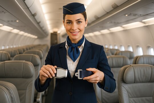 Flight safety demonstration with crew member showing seatbelt usage on aircraft