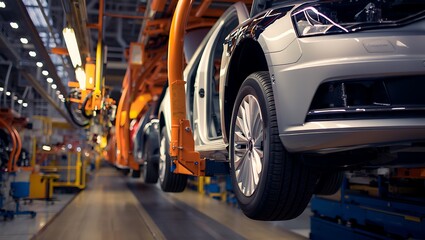Modern automobile assembly line with cars in production