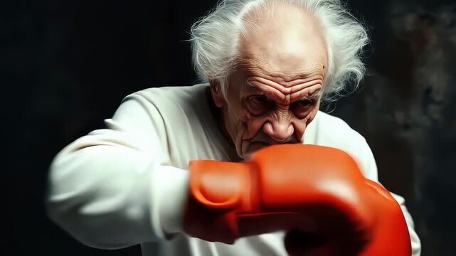 An elderly man prepared for a boxing match, wearing red gloves and displaying determination, embodies the spirit of resilience and passion for the sport despite age.
