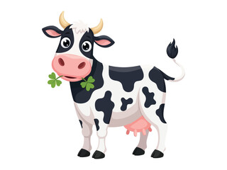 Happy Cow Chewing Clover: A delightful cartoon cow with a charming smile and distinctive black and white spots is contentedly chewing a sprig of green clover, its eyes twinkling with joy.