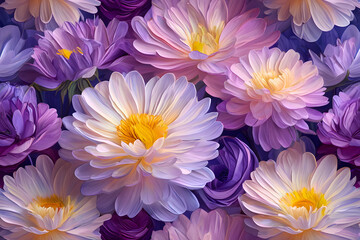 Obraz premium Close-up macro of beautiful, vibrant pink, purple, and yellow dahlia and chrysanthemum flowers with lush green petals in a summer garden