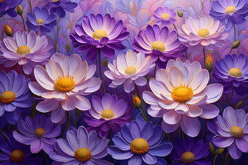 Obraz premium Closeup macro of beautiful purple, white, and yellow dahlia flowers blooming in nature