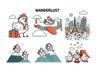 Wanderlust Chicken Adventures: A delightful illustration showcasing the adventures of a chicken embarking on thrilling escapades, filled with travel, exploration, and a touch of whimsy. 