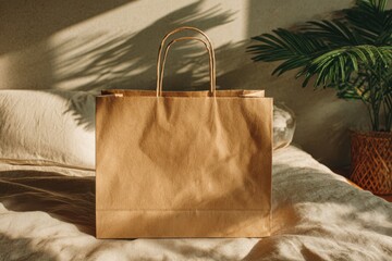 Sustainable brown paper bag on a soft bed, natural light, plant shadows.