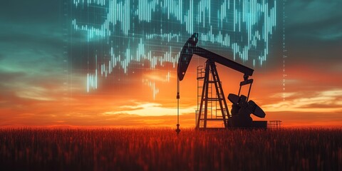 Oil Pump Silhouette Against Vibrant Sunset with Overlaid Financial Graphs Representing Energy Trends