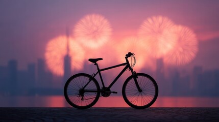 Fototapeta premium Silhouette Bike and Cityscape at Sunset: A sleek silhouette of a bicycle stands against a backdrop of the stunning city skyline. As the sun sets.