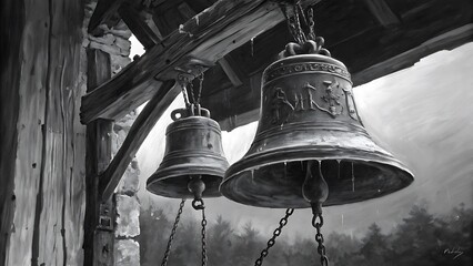 Two old, weathered bells hanging from wooden eaves in black and white