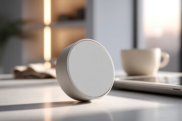 Sleek minimalist circular smart device with blank screen on modern office desk.