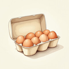 Open carton of eggs with ten brown eggs on light background for culinary and food concepts