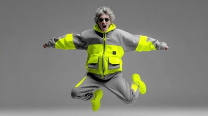 Joyful 62-year-old man performing a plyometric jump in neon-accented athletic wear