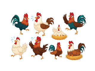 Rooster and Hen Collection: a whimsical illustration showcasing a collection of colorful roosters and hens, each with unique personalities and poses, creating a lively and playful scene. 