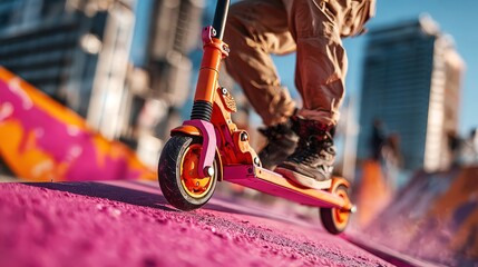 Rider does tricks on a stunt scooter, grinding a magenta rail with AR effects