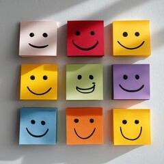 Minimalist mood board with colorful sticky notes showing different emoticons on white background