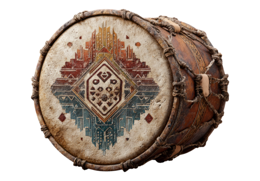 Hand-Painted Tribal Drum with Intricate Symbols on Transparent Background