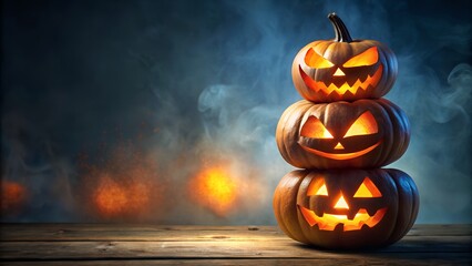 A stack of three carved halloween pumpkins with glowing orange lights, creating a spooky and atmospheric scene on a rustic wooden table at night with smoke and bokeh