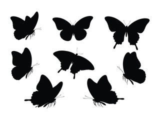 Butterfly Silhouettes: A collection of elegant black butterfly silhouettes in various flight positions against a plain background, perfect for design use. 