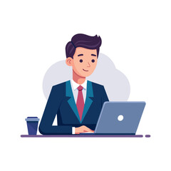Confident male executive working on laptop at desk in modern office environment – professional corporate business vector illustration