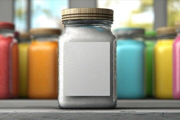Refreshingly cold clear glass jar with blank label and condensation, colorful jars in background.