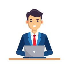 Confident male executive working on laptop at desk in modern office environment – professional corporate business vector illustration