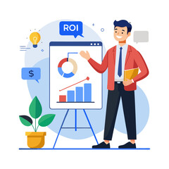Confident Male Executive Presenting ROI Chart During Business Meeting – Corporate Return on Investment Strategy and Financial Growth Concept Illustration