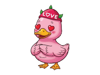 Duck of Affection: This whimsical illustration features a charming pink duck, adorned with a LOVE hat, heart-shaped eyes and an endearing expression of affection.