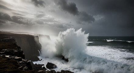 Obraz premium Stormy ocean waves crashing against coastal cliffs. Dramatic storm Floris scene with powerful waves and wind. Intense storm Floris photography for websites and travel blogs showcasing nature's power.