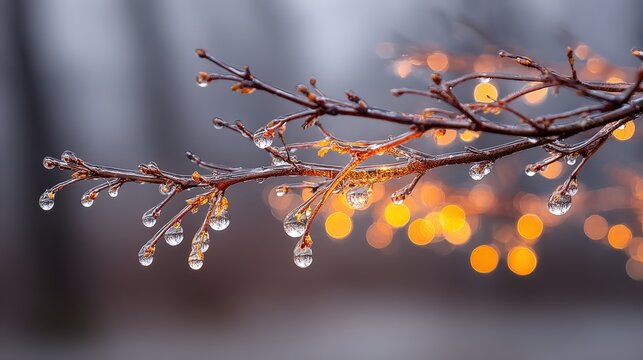 Close-up of ice-covered branch reflecting golden sunrise light amid gray backdrop