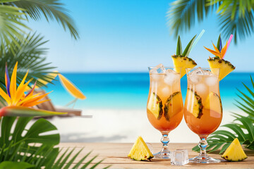 Obraz premium Two tropical cocktails on beach evoke a summer holiday, each with pineapple slices and paradise flowers. Refreshing tropical cocktails offer an escape to beach in summertime.