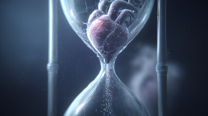 A glowing human heart encased in cracked hourglass textures, symbolizing biological time's fragility.