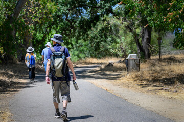 Fototapeta premium A group of friends walking in the bush in summer. Wakeable suburb in California.