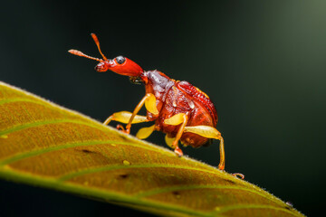 Tiny red bug crawling on vibrant green leaf in rainforest
