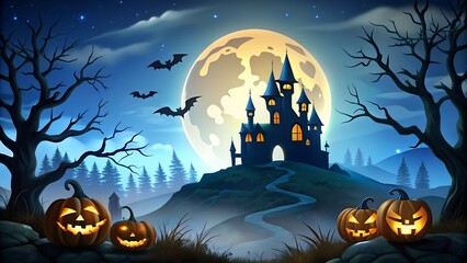Enchanting halloween night with a haunted castle on a hill under a full moon, glowing pumpkins, and flying bats, mysterious atmosphere