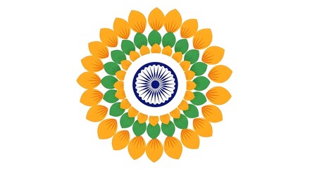 A patriotic mandala design with the Indian flag colors, featuring saffron and green petals around the central Ashoka Chakra.
