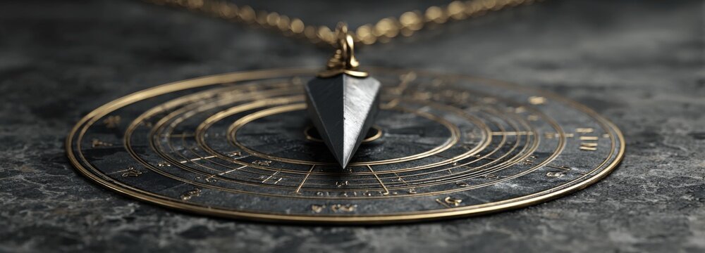 Pendulum dowsing over golden circle in deep charcoal field