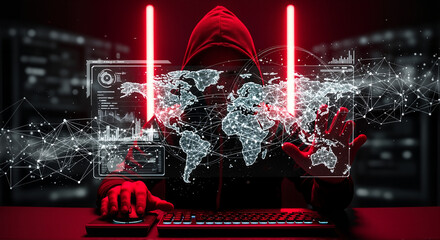 Anonymous hacker in red hoodie uses computer interface to access global network. Hacker works with digital data on computer, using coding and programming skills.