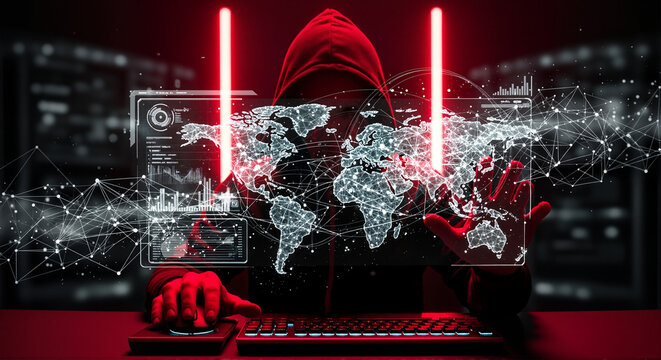 Anonymous hacker in red hoodie uses computer interface to access global network.  Hacker works with digital data on computer, using coding and programming skills.