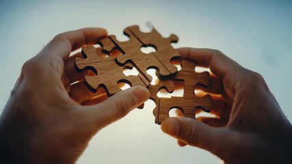 Hands holding wooden puzzle pieces against a soft, sunlit background, close-up view