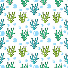 A seamless pattern showcasing a variety of coral illustrations, perfect for underwater-themed designs, fabric, wallpapers, and digital projects