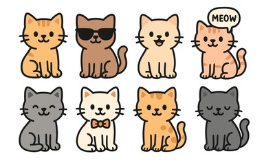 Obraz premium Set of eight cartoon cat characters in sitting pose with different colors and accessories on white background. Flat kawaii style vector illustration for design and print.